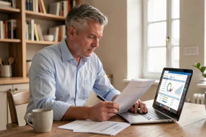 Homme comparant des formules de tarif bol d'or sur des documents et un ordinateur portable à domicile