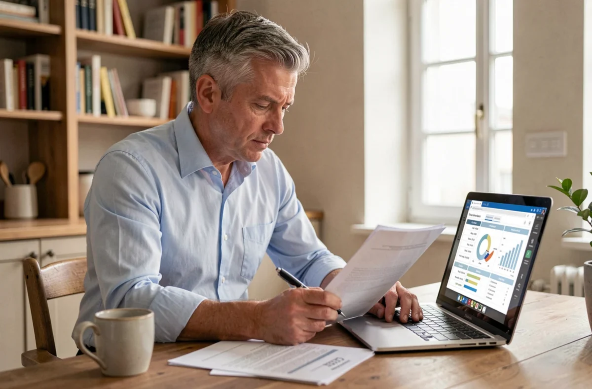 Homme comparant des formules de tarif bol d'or sur des documents et un ordinateur portable à domicile
