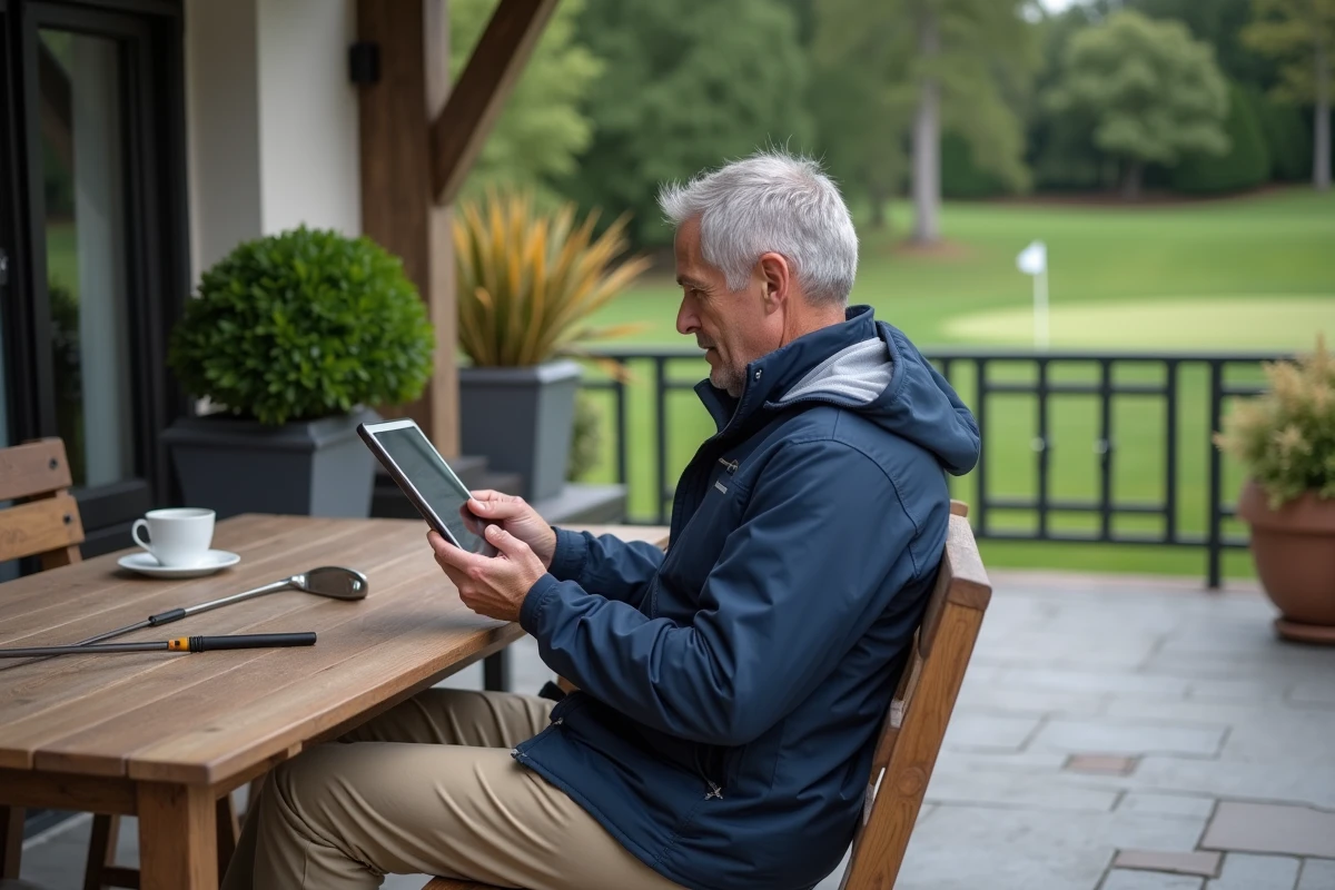Golfeur senior consultant un blog de golf sur tablette en terrasse de club house avec un wedge posé à côté