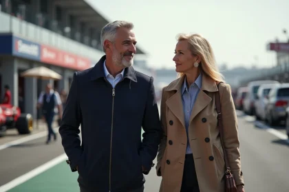 Couple élégant lors d'une apparition publique dans un paddock de compétition automobile, regard complice et tenue soignée