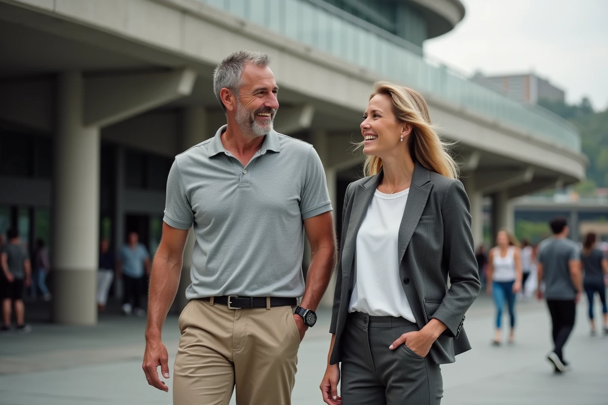 Couple célébrité en apparition décontractée devant une salle de sport moderne, rire spontané et complicité authentique