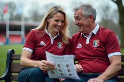 Couple rugby discutant sur un banc avec calendrier