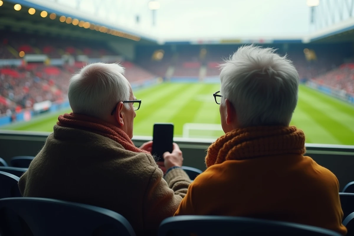 Couple dans la tribune regardant leur mobile