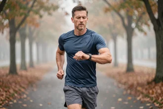 Coureur masculin vérifiant sa montre GPS lors d'une séance d'entraînement marathon en parc urbain automnal