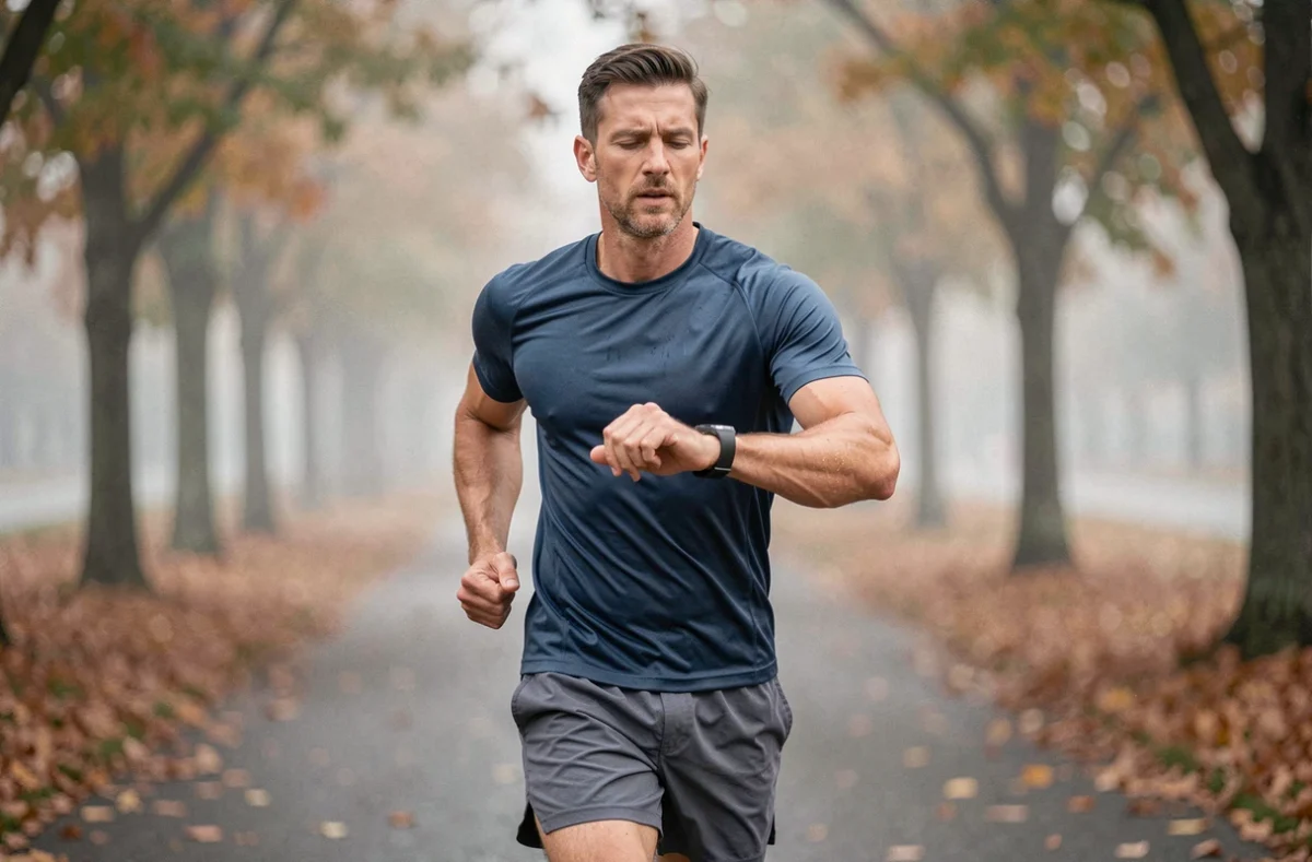 Coureur masculin vérifiant sa montre GPS lors d'une séance d'entraînement marathon en parc urbain automnal
