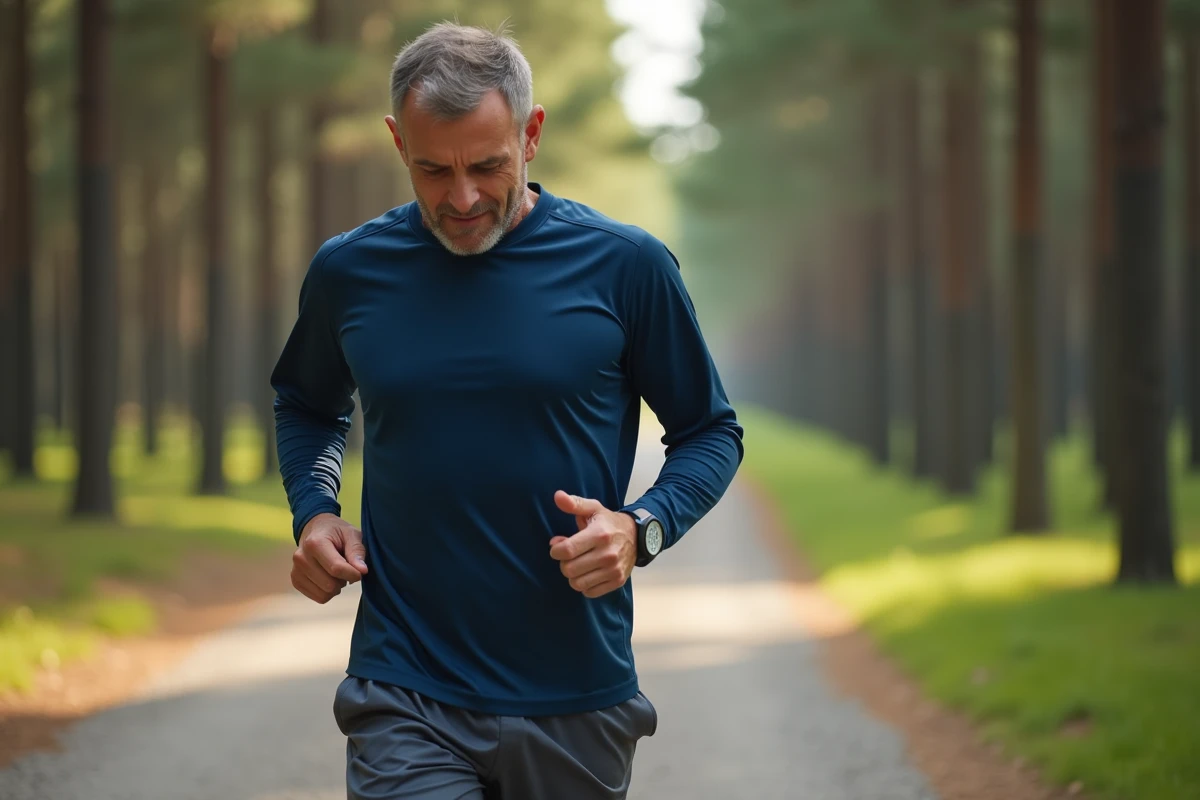 Coureur masculin consultant sa montre GPS pour surveiller son allure en min/km pendant un jogging en forêt