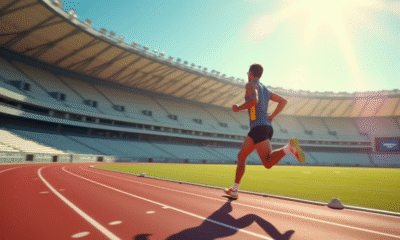 Coureur en pleine course sur la piste avec tableau digital