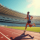 Coureur en pleine course sur la piste avec tableau digital