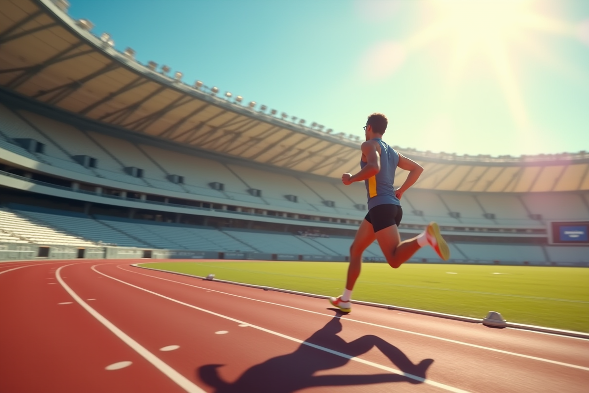 Coureur en pleine course sur la piste avec tableau digital