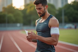 Coureur consultant un tableau d'allures semi-marathon fixé à son avant-bras sur une piste d'athlétisme