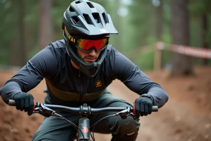 Jeune homme vtt vérifiant la pression de ses pneus