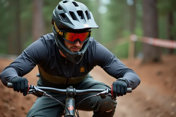 Jeune homme vtt vérifiant la pression de ses pneus