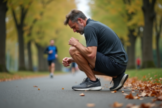 Homme d'âge moyen inspectant ses chaussures de course usées
