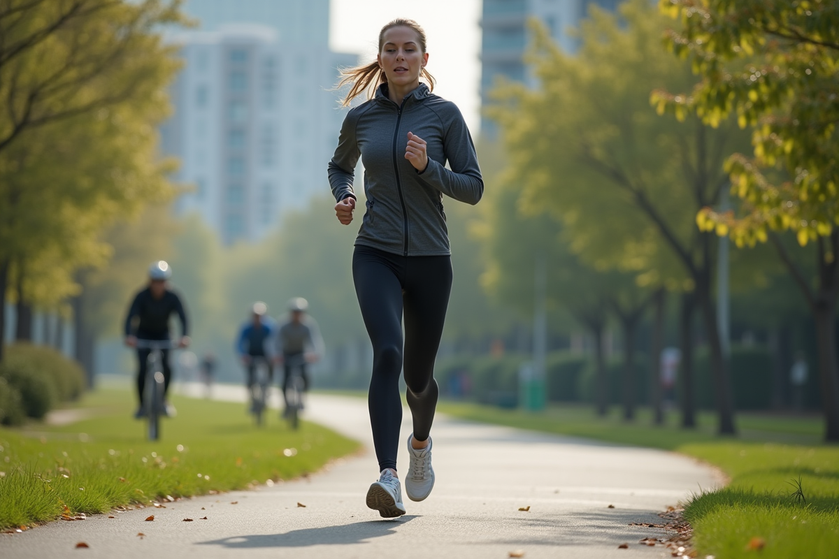 Femme courant dans un parc urbain au matin