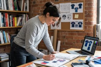 Designer créant des maquettes de tenues sportives personnalisées pour un club, entourée d'échantillons de tissu et de logotypes