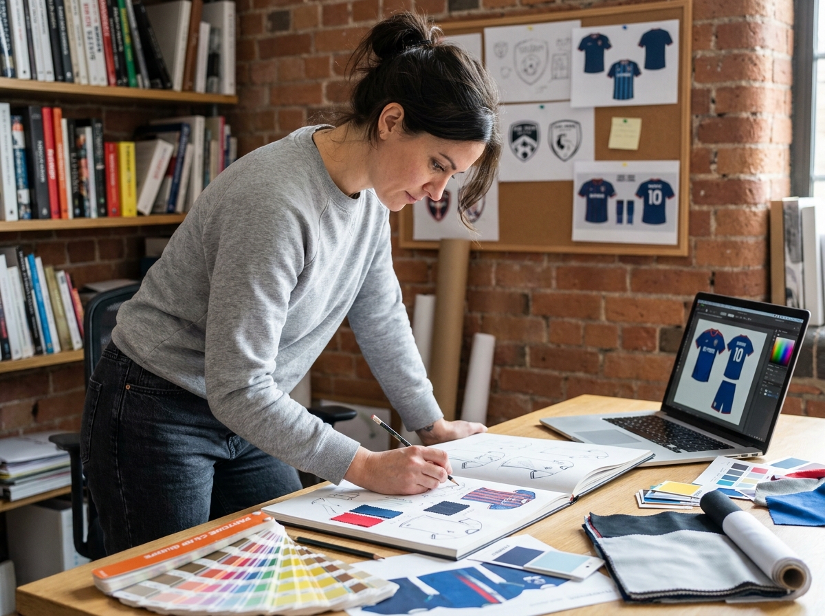 Designer créant des maquettes de tenues sportives personnalisées pour un club, entourée d'échantillons de tissu et de logotypes
