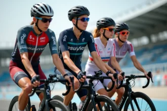 Groupe de cyclistes professionnels au velodrome