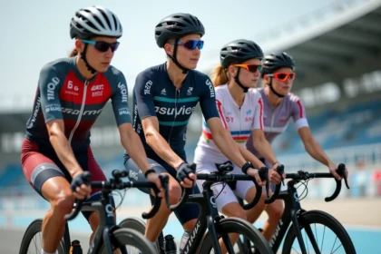 Groupe de cyclistes professionnels au velodrome