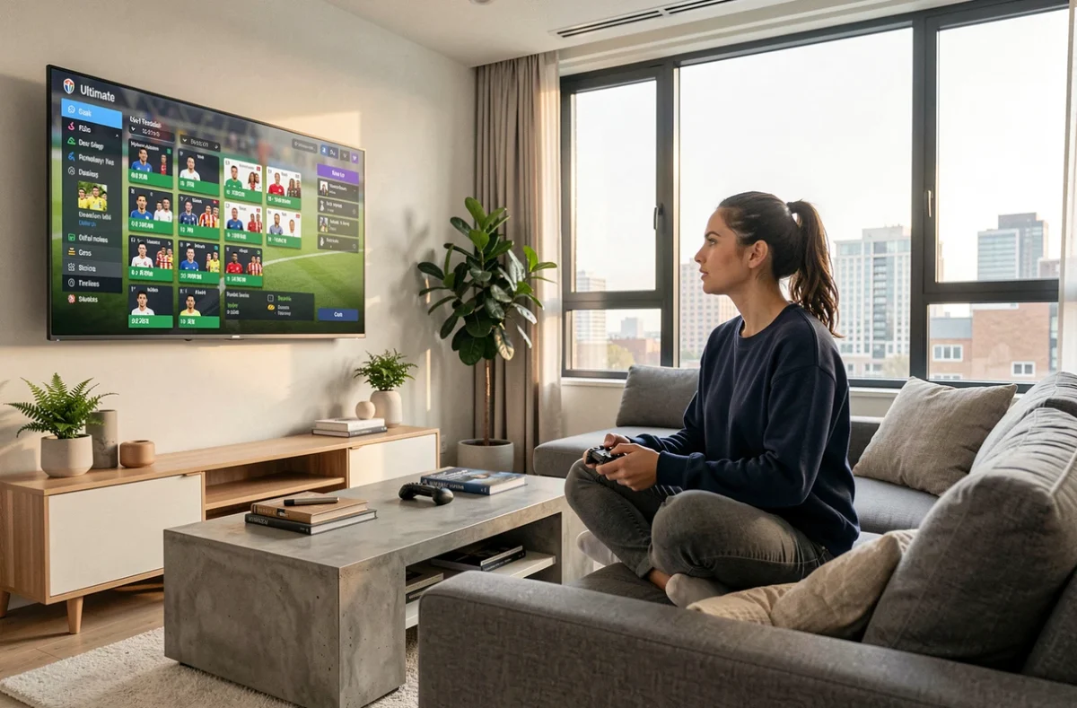 Femme crafant une équipe DCE FC 25 pas cher sur console depuis son salon moderne