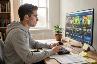 Jeune homme jouant à FC 25 sur PC et gérant des DCE avec des cartes de football virtuelles à moindre coût