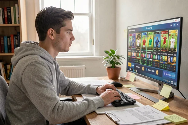 Jeune homme jouant à FC 25 sur PC et gérant des DCE avec des cartes de football virtuelles à moindre coût