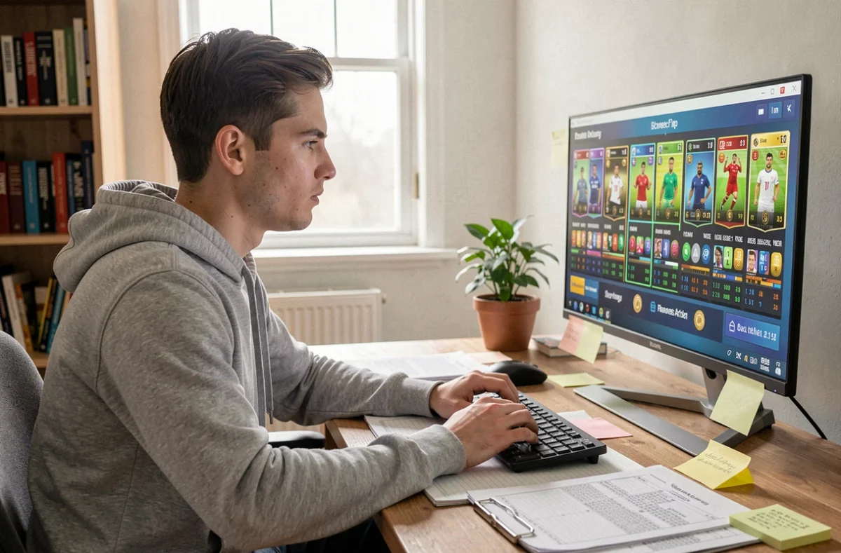 Jeune homme jouant à FC 25 sur PC et gérant des DCE avec des cartes de football virtuelles à moindre coût