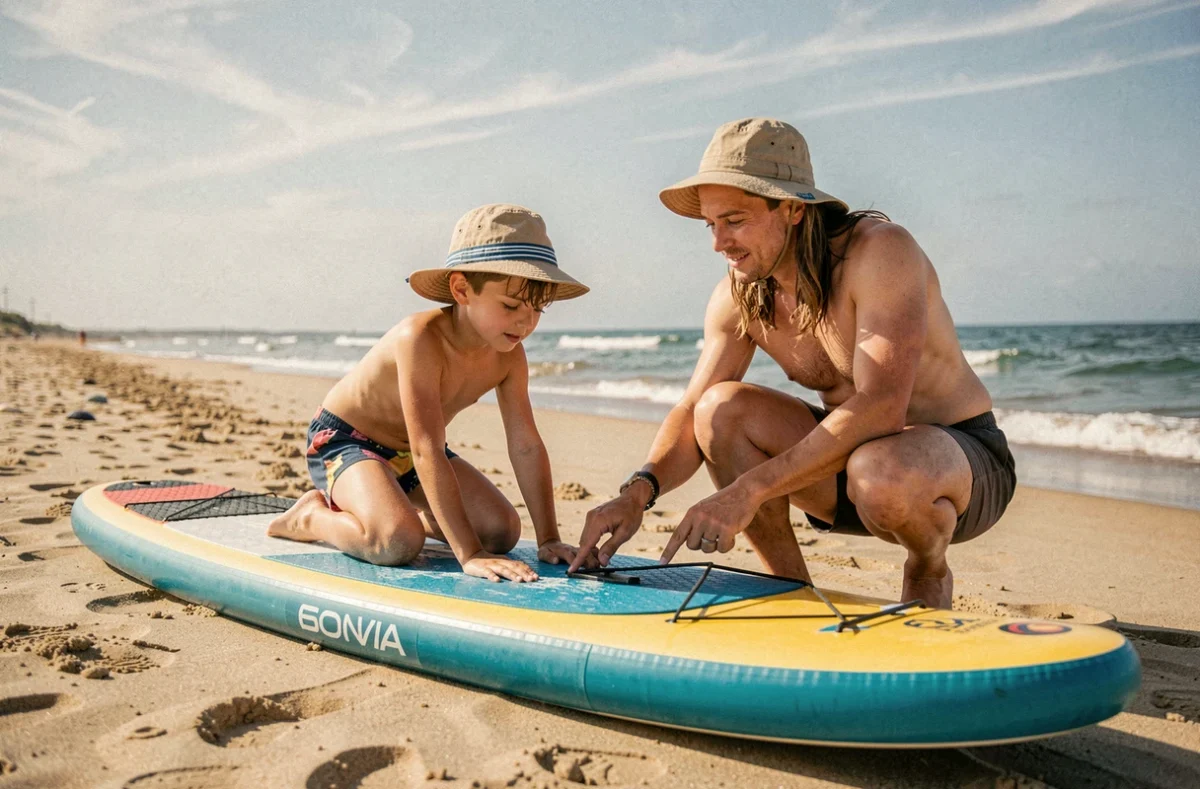 Enfant et parent inspectant les dimensions d'un paddle gonflable sur une plage de sable, choisissant le bon équipement