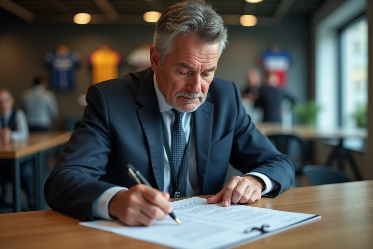 Directeur sportif examinant des documents dans son bureau