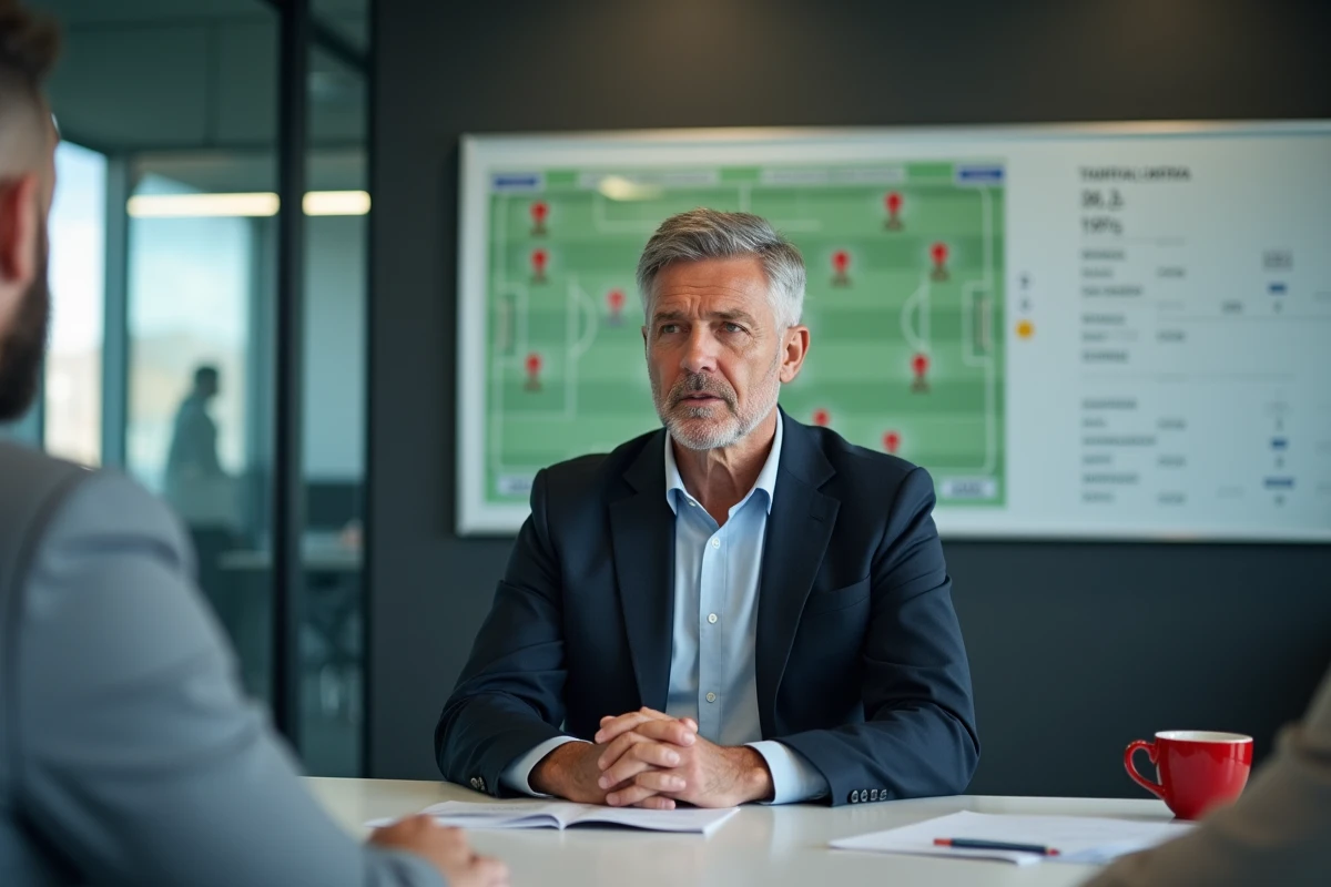 Directeur sportif en réunion de mercato dans les bureaux d'un club de football professionnel