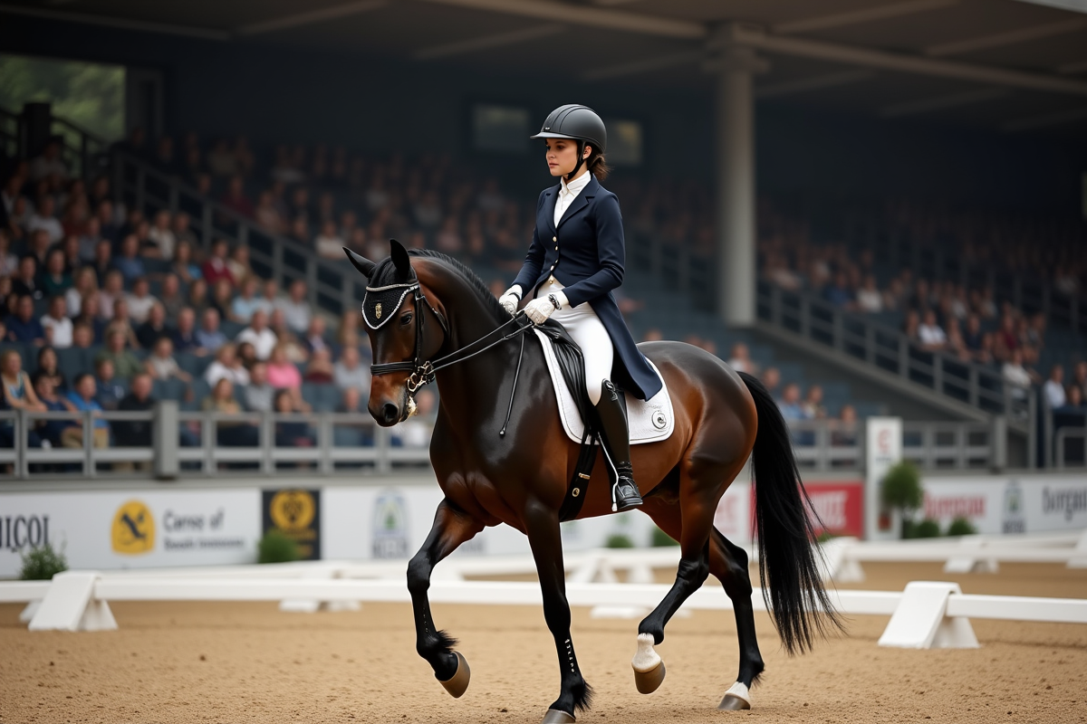 Cavalière en dressage avec un cheval noir dans une arène intérieure