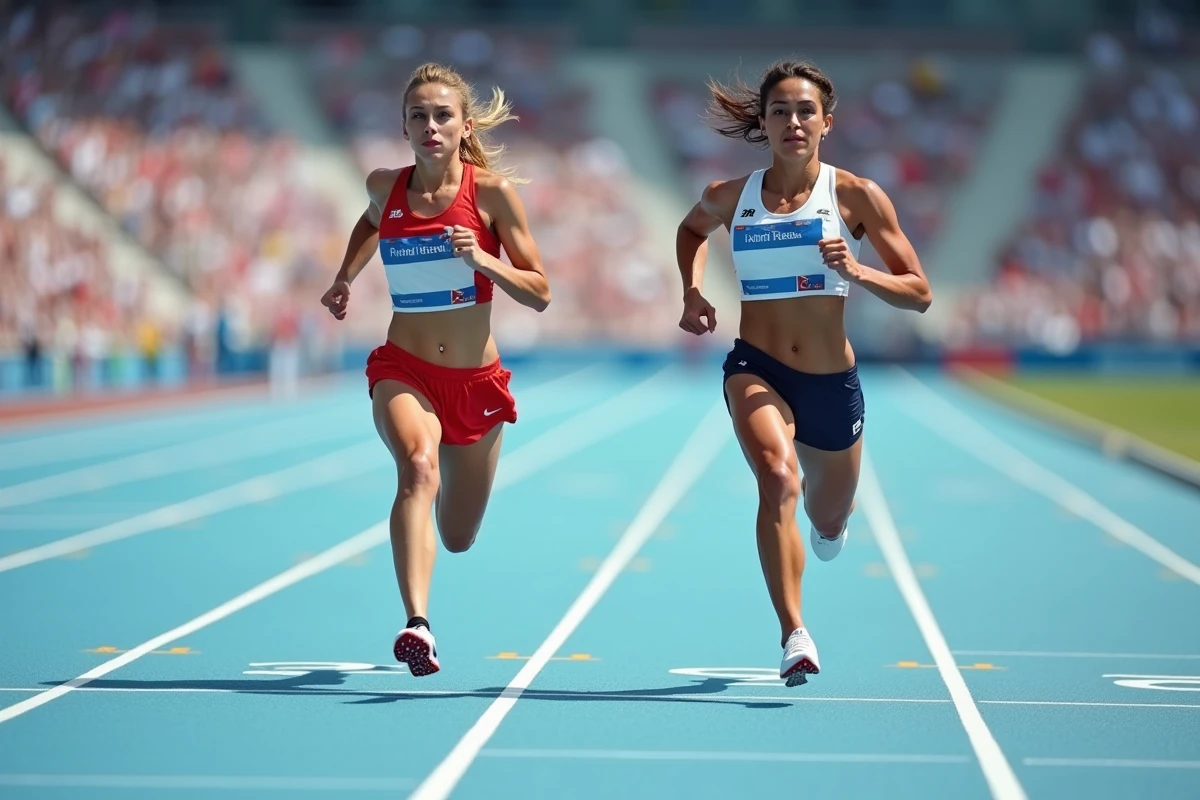 Deux sprinteuses en duel sur la piste lors d'un 100 mètres féminin à chronos proches du record mondial