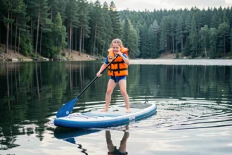 Jeune fille debout sur un stand-up paddle enfant sur un lac calme, portant un gilet de sauvetage orange, pagayant en toute sécurité