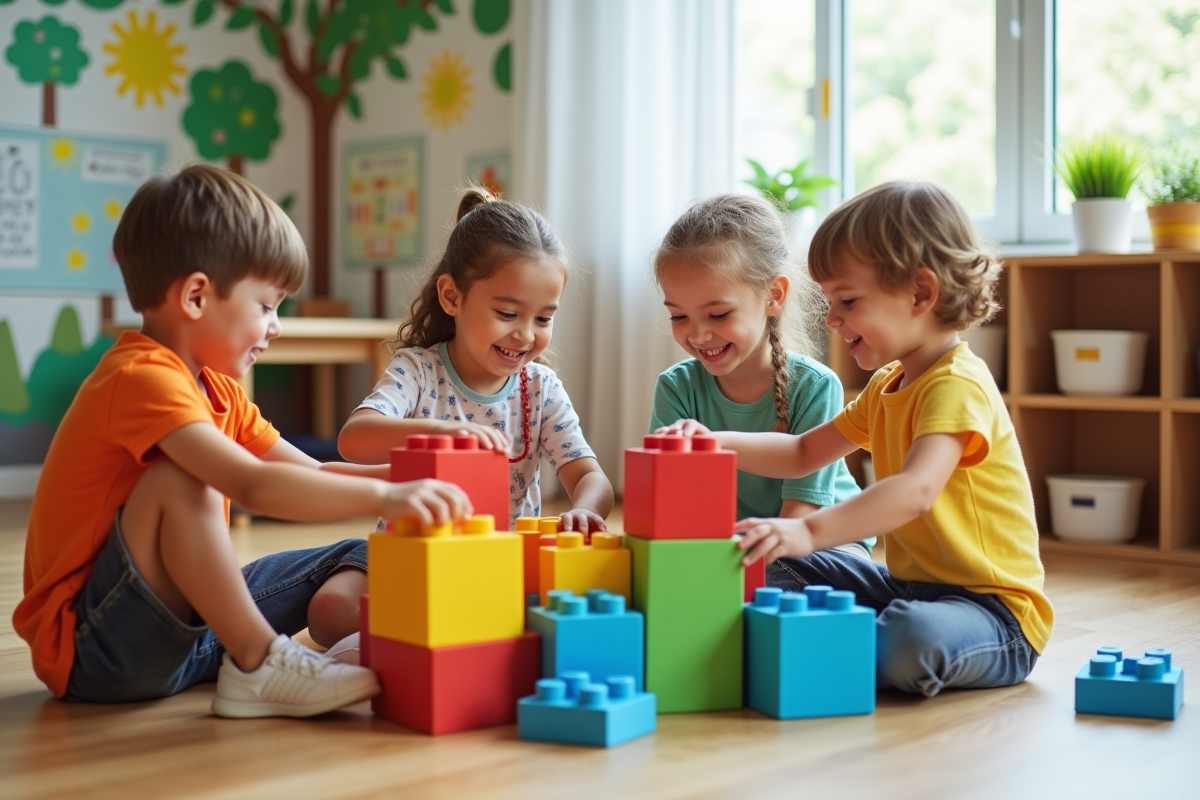 Quatre enfants construisent un château avec des blocs en intérieur