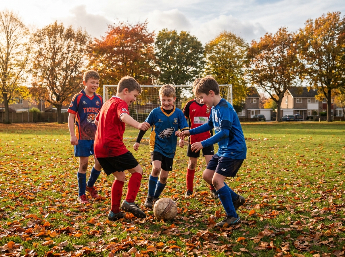 Groupe d'enfants en maillots de football sur un terrain en automne pendant les vacances de la Toussaint