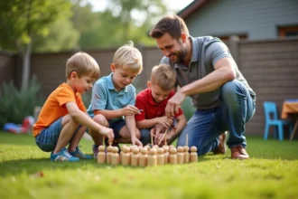 Groupe d'enfants jouant au Mölkky dans le jardin en famille
