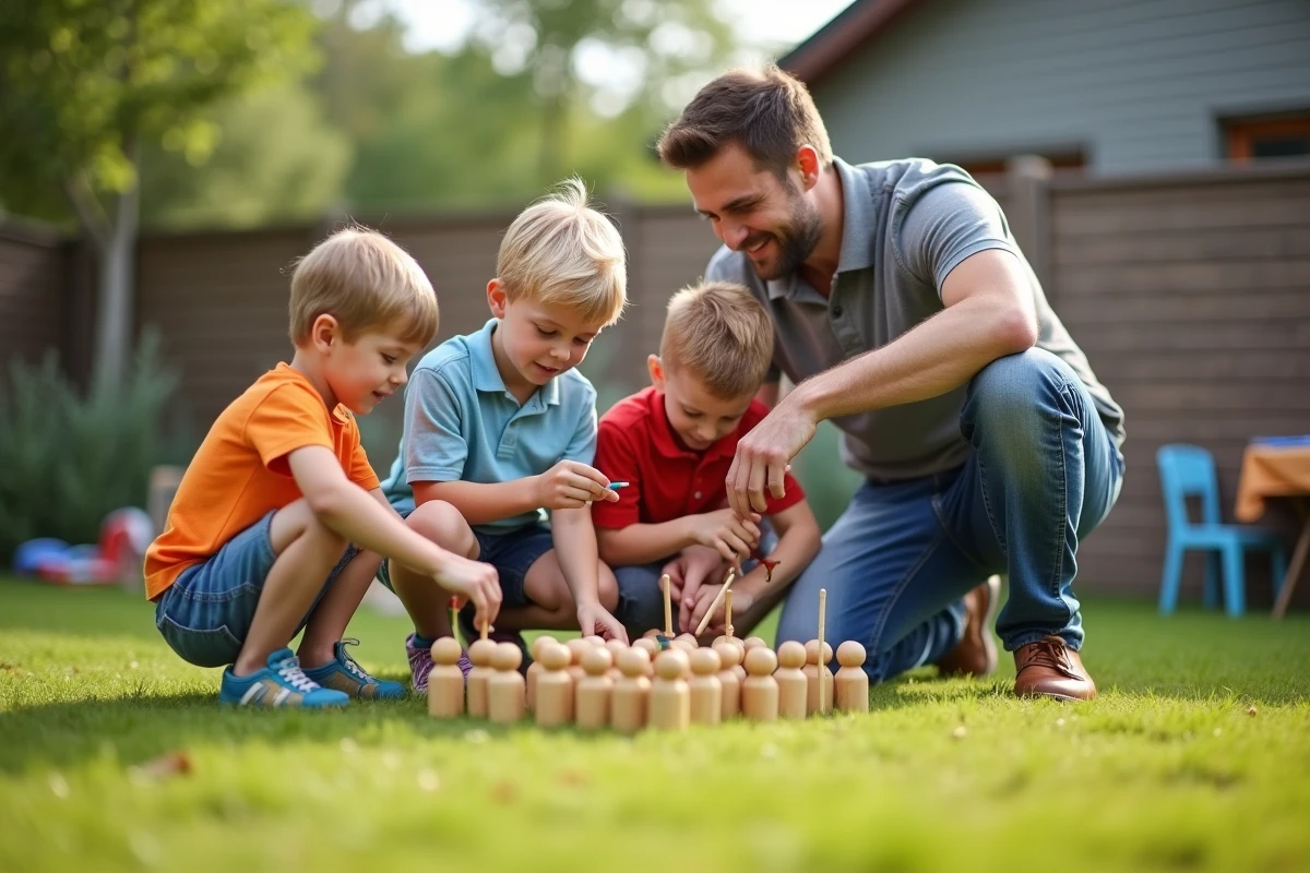 Groupe d'enfants jouant au Mölkky dans le jardin en famille