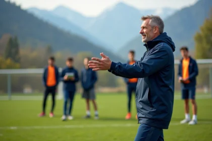 Entraineur de football en action avec jeunes sur terrain