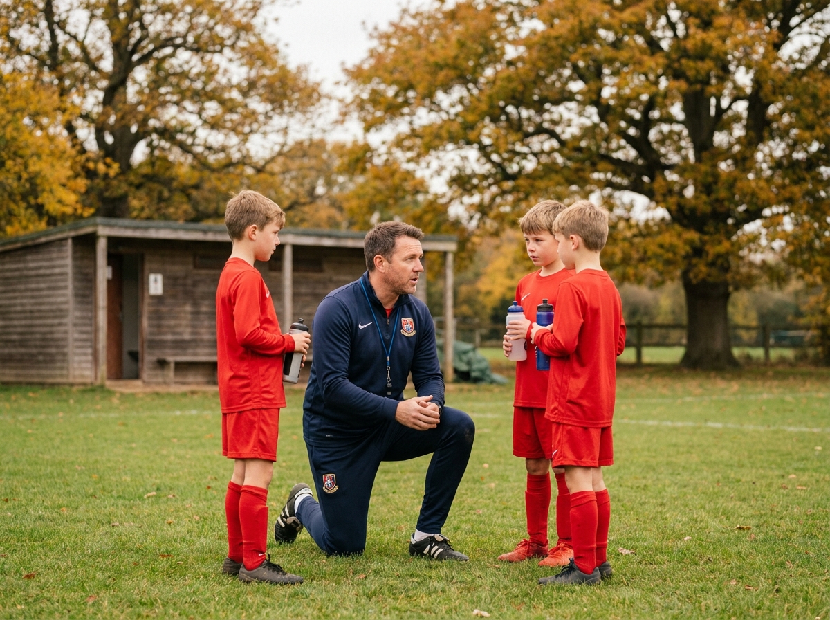 Entraîneur de football donnant des consignes à de jeunes joueurs lors d'un stage pendant les vacances de la Toussaint