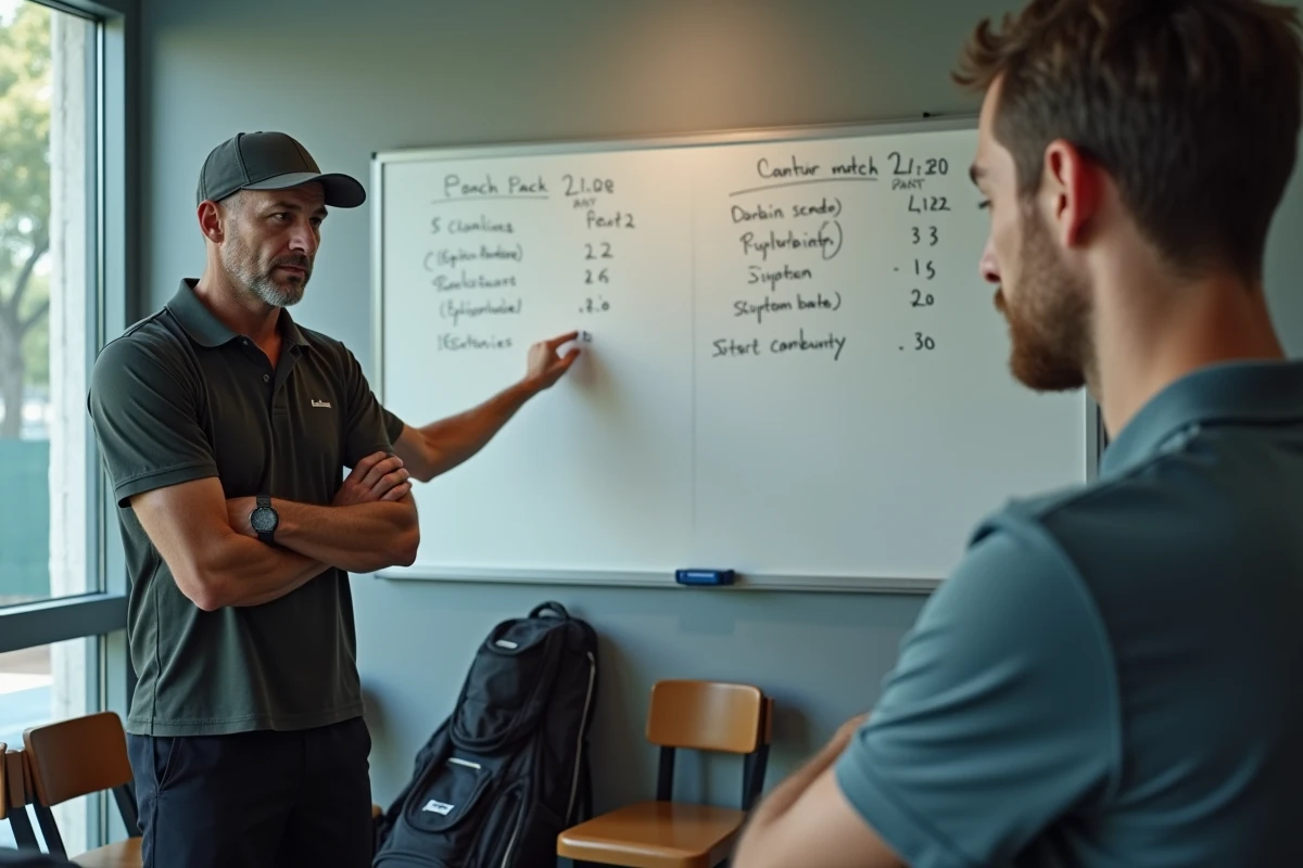Entraîneur de padel expliquant la stratégie de gestion des points P250 à un joueur lors d'un briefing de tournoi