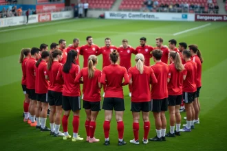 Groupe de joueurs de football en rassemblement sur le terrain
