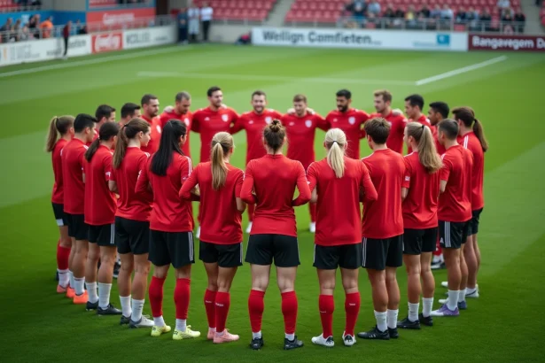 Groupe de joueurs de football en rassemblement sur le terrain