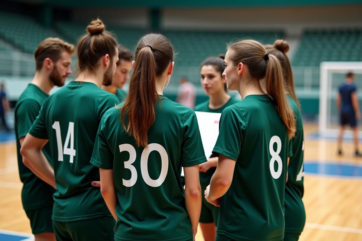Équipe de handball réunie autour de l'entraîneur lors d'un temps mort stratégique en bord de terrain