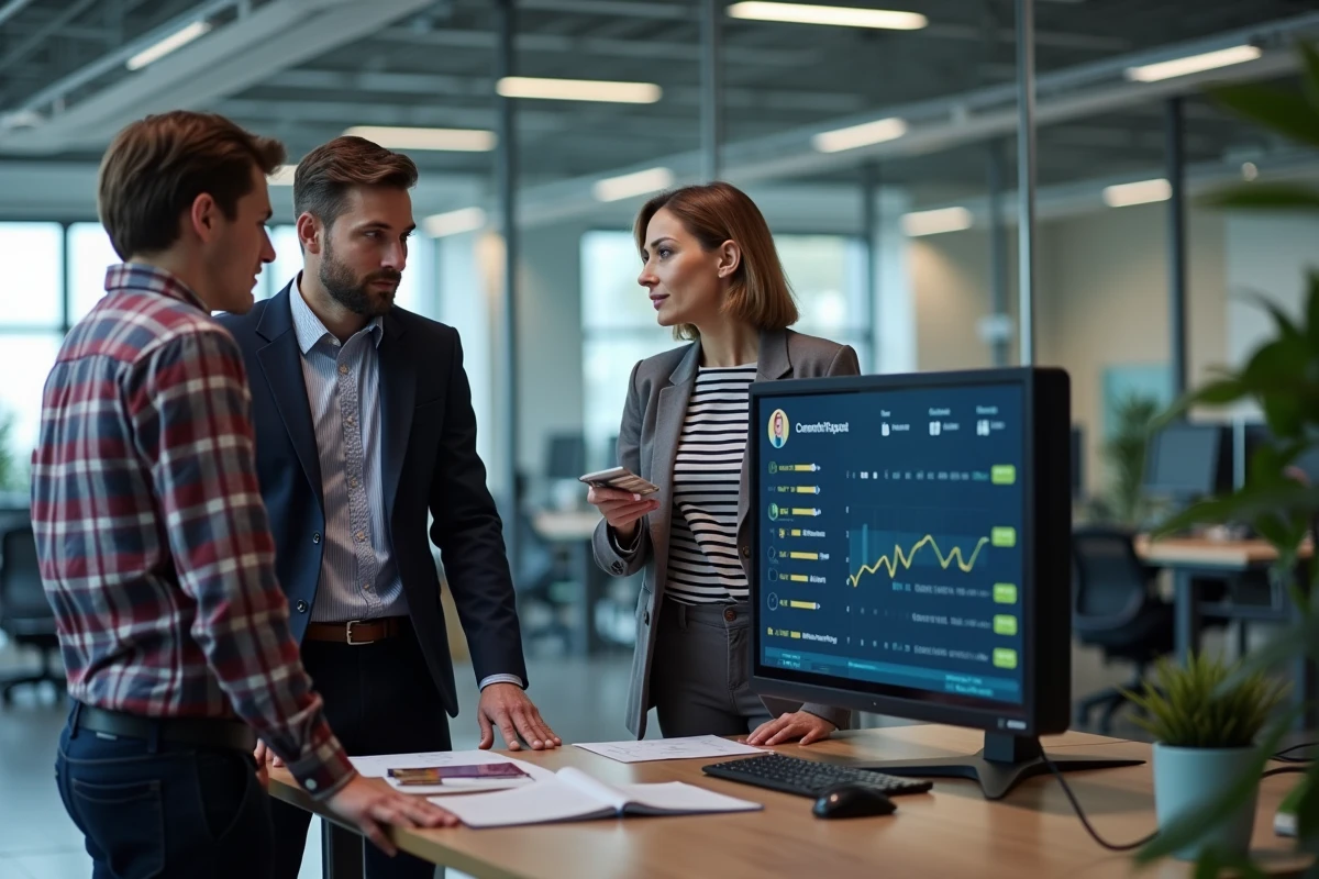 Groupe de collègues analysant ensemble un classement de points P100 sur un grand écran dans un bureau en open space