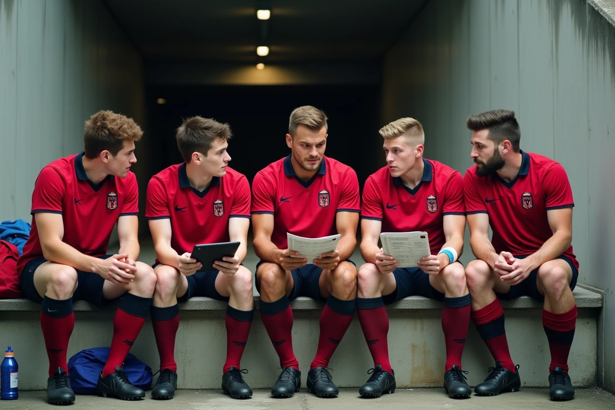 Groupe de joueurs de rugby U20 consultant le calendrier des matchs de la Coupe du monde pendant une pause en bord de terrain