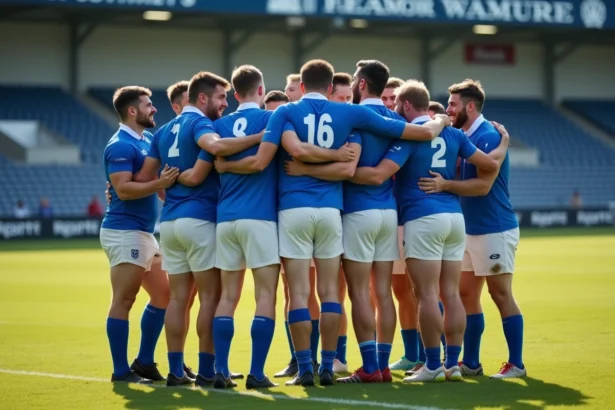 Groupe de joueurs de rugby en célébration après match