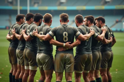 Groupe de joueurs de rugby unis après un match