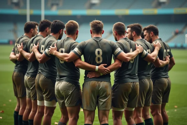 Groupe de joueurs de rugby unis après un match