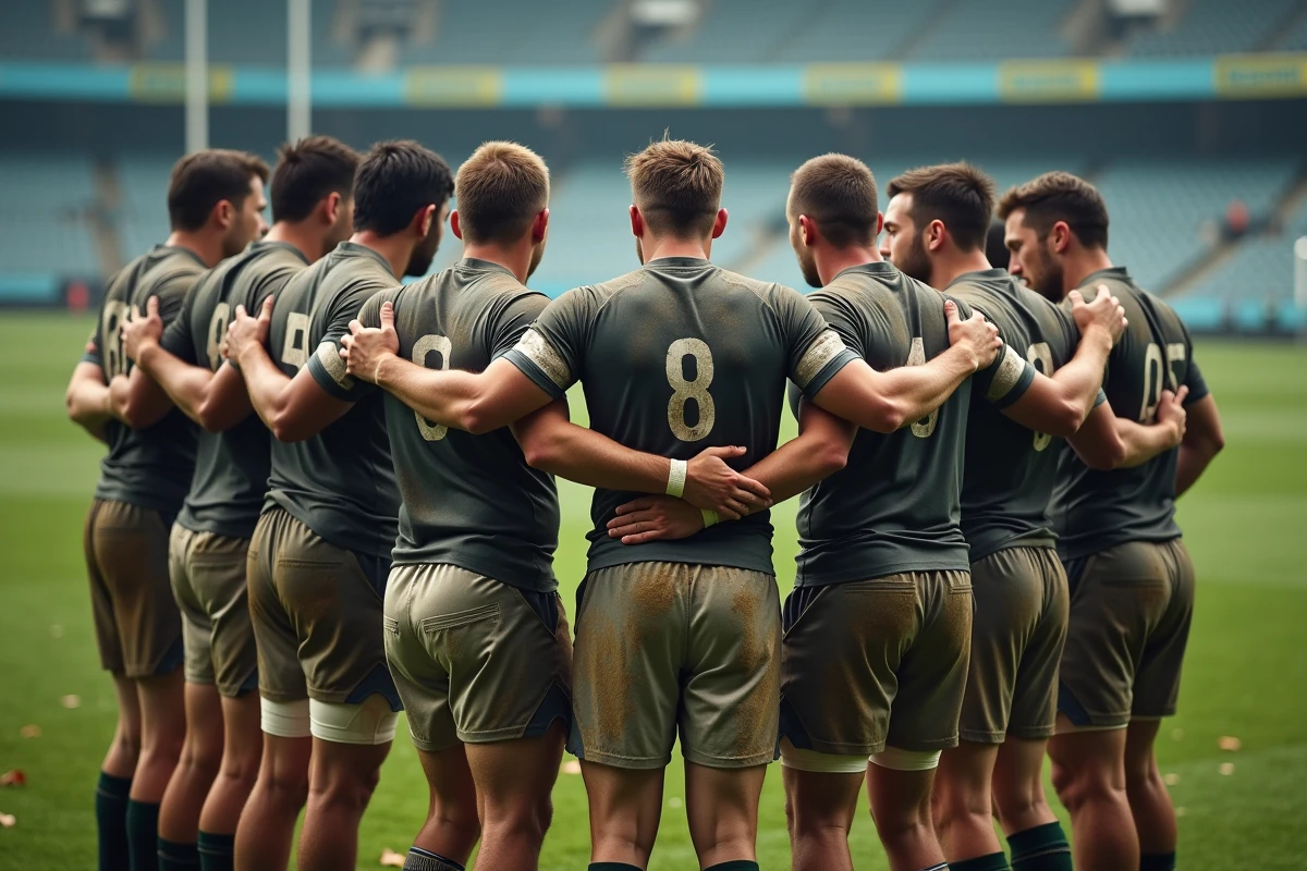 Groupe de joueurs de rugby unis après un match