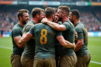Groupe de joueurs de rugby en équipe après match sous la pluie