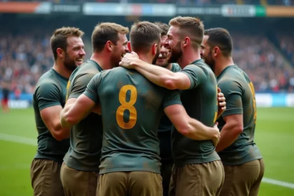 Groupe de joueurs de rugby en équipe après match sous la pluie